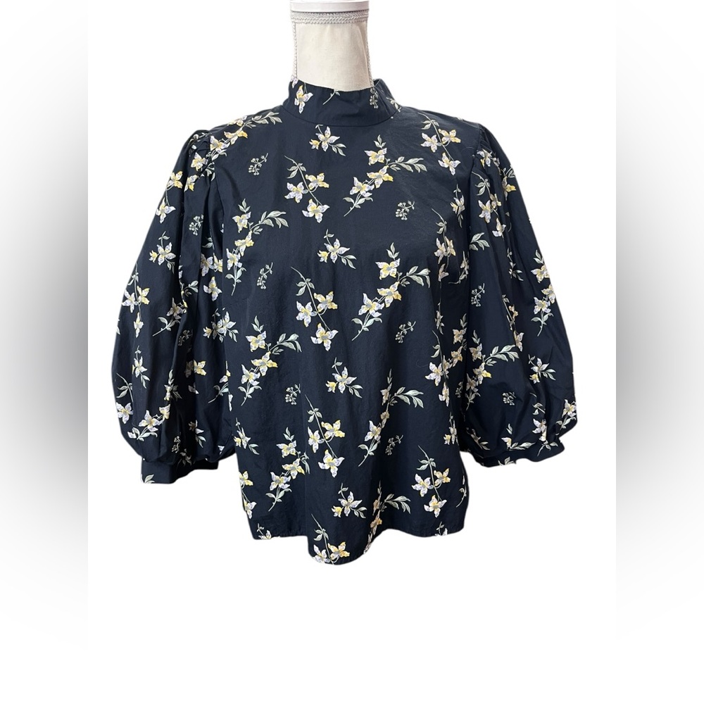 Levi’s Navy Floral Puff Sleeve Blouse XL High Neck Cotton Back Zip Top - Picture 2 of 11